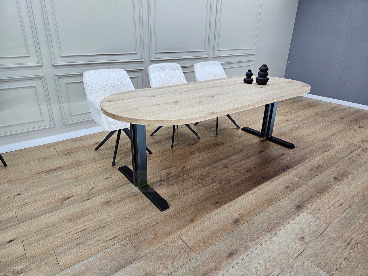 Eiken plat ovale tafel met Dubbele L poten - Afbeelding 2