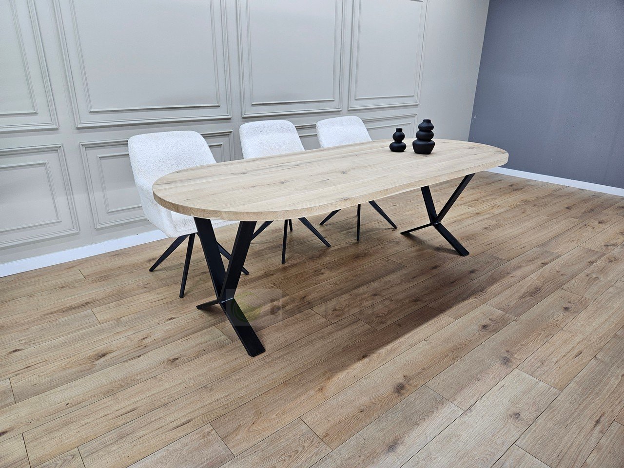 Eiken plat ovale tafel met lage X poten - Afbeelding 2